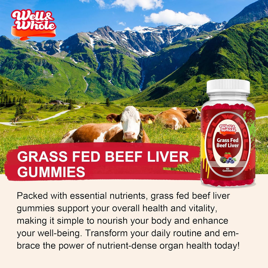 Well&Whole Grass Fed Beef Liver Gummies, Dessicated Beef Liver Supplement for Energy, Immunity, and Full Wellness - Non GMO, Gluten Free, for Adults and Kids, 60 Counts