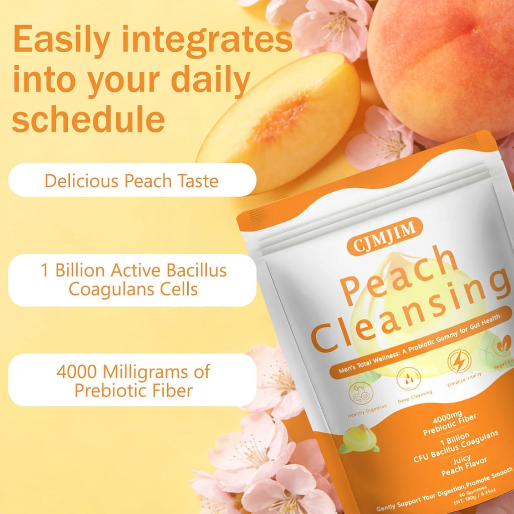 Peachy Clean Fiber Gummies with Prebiotic for Men, Peach Flavored Digestive Support & Detox Gummy Supplement, 60 Vegan Gummy Bears for Regularity & Gut Health (1)