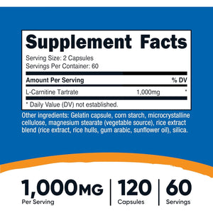 Nutricost L-Carnitine Tartrate 1000Mg, 120 Capsules - 500Mg per Capsule (60 Servings)