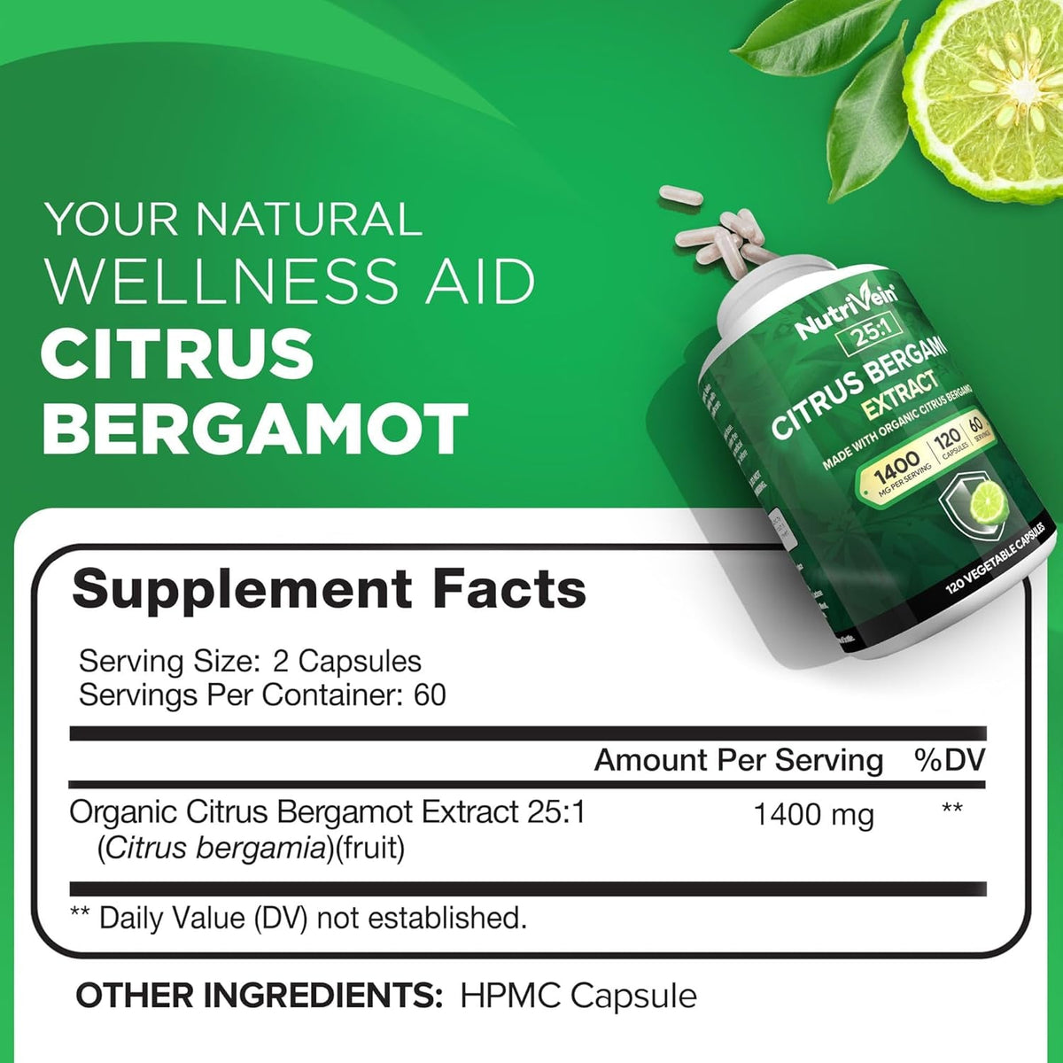 Nutrivein Premium Citrus Bergamot Supplement 1400Mg 25:1 Bergamia Extract - 60 Day Supply (120 Capsules): Powerful Italian Citrus Bergamot 1400 Mg+ High Concentration - Heart and Circulatory System