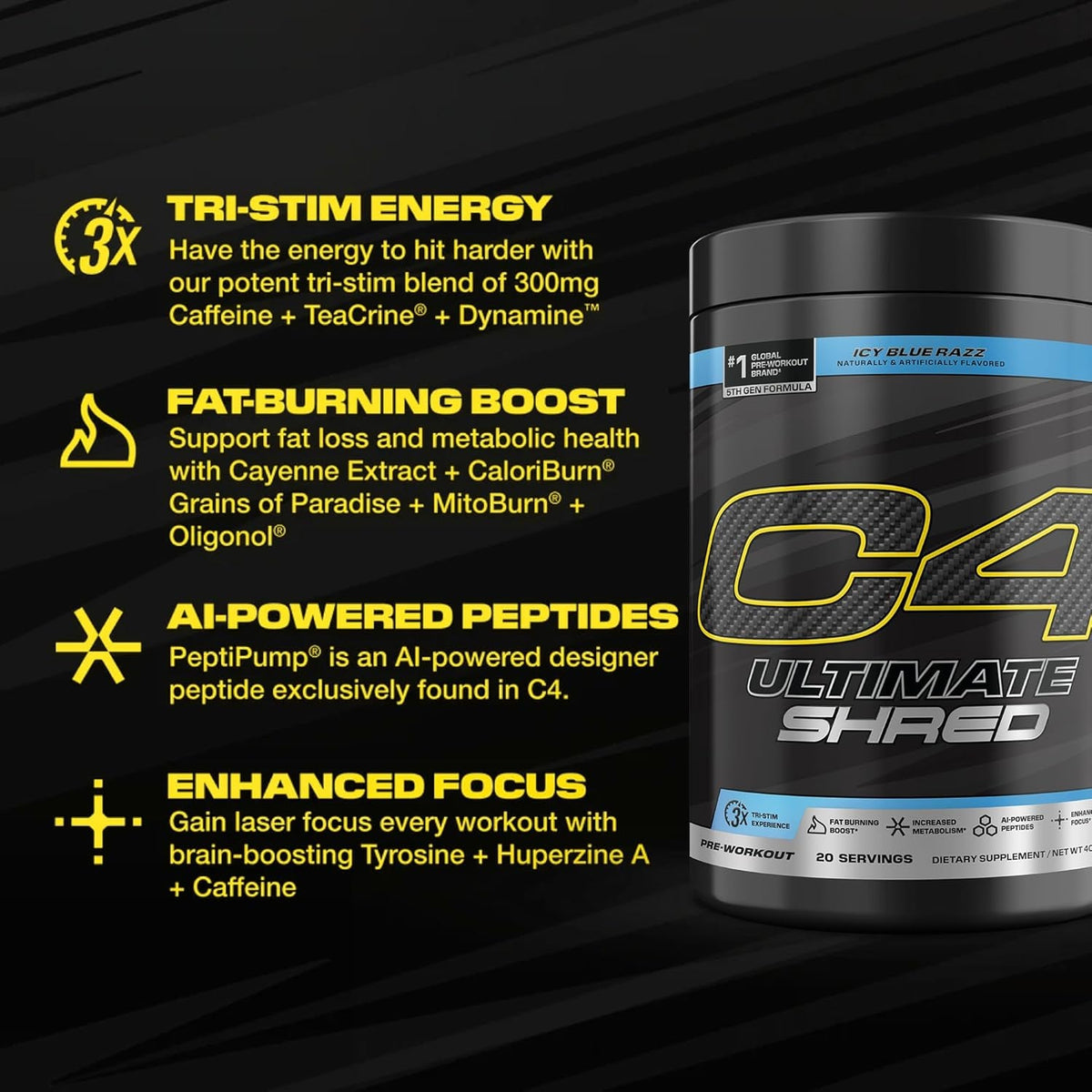 Cellucor C4 Ultimate Shred Pre Workout Powder, Fat Burner for Men & Women, Weight Loss Supplement with Ginger Root Extract, Icy Blue Razz, 20 Servings