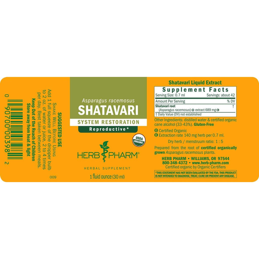Herb Pharm Certified Organic Shatavari Liquid Extract Drops for Female Reproductive System Support, 1 Oz