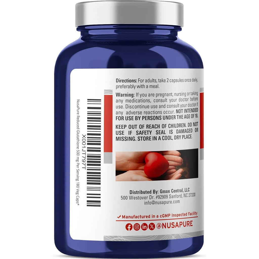 Nusapure Reduced Glutathione 500Mg 180 Veggie Capsules (Vegan,Non-Gmo) L-Glutathione