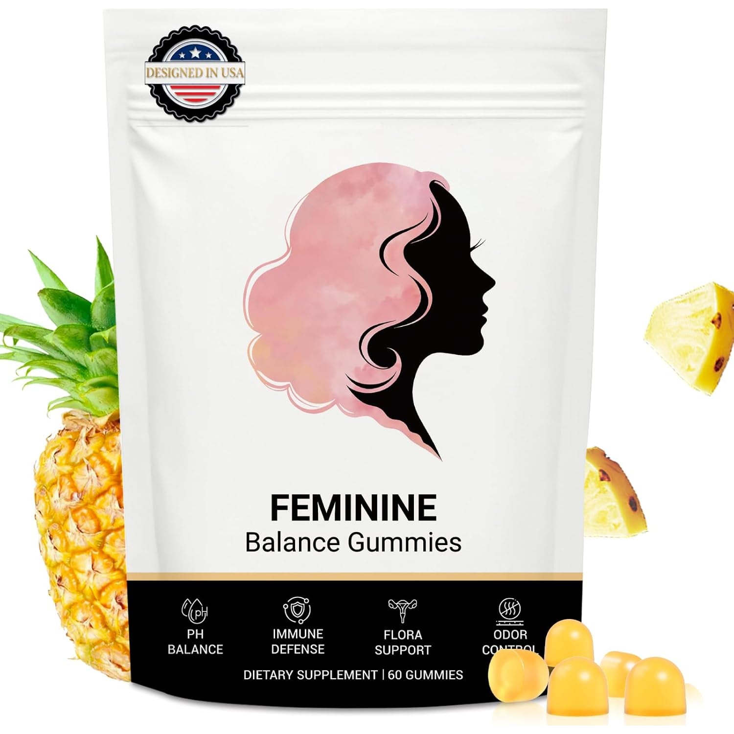Feminine Balance Gummies for Women, Premium Hawaiian Pineapple Gummies with Vitamin C – Supports Women Ph Balance, Healthy Odor, Flora, Immune & Vaginal Health – Vegan, Gluten-Free, 60 Count