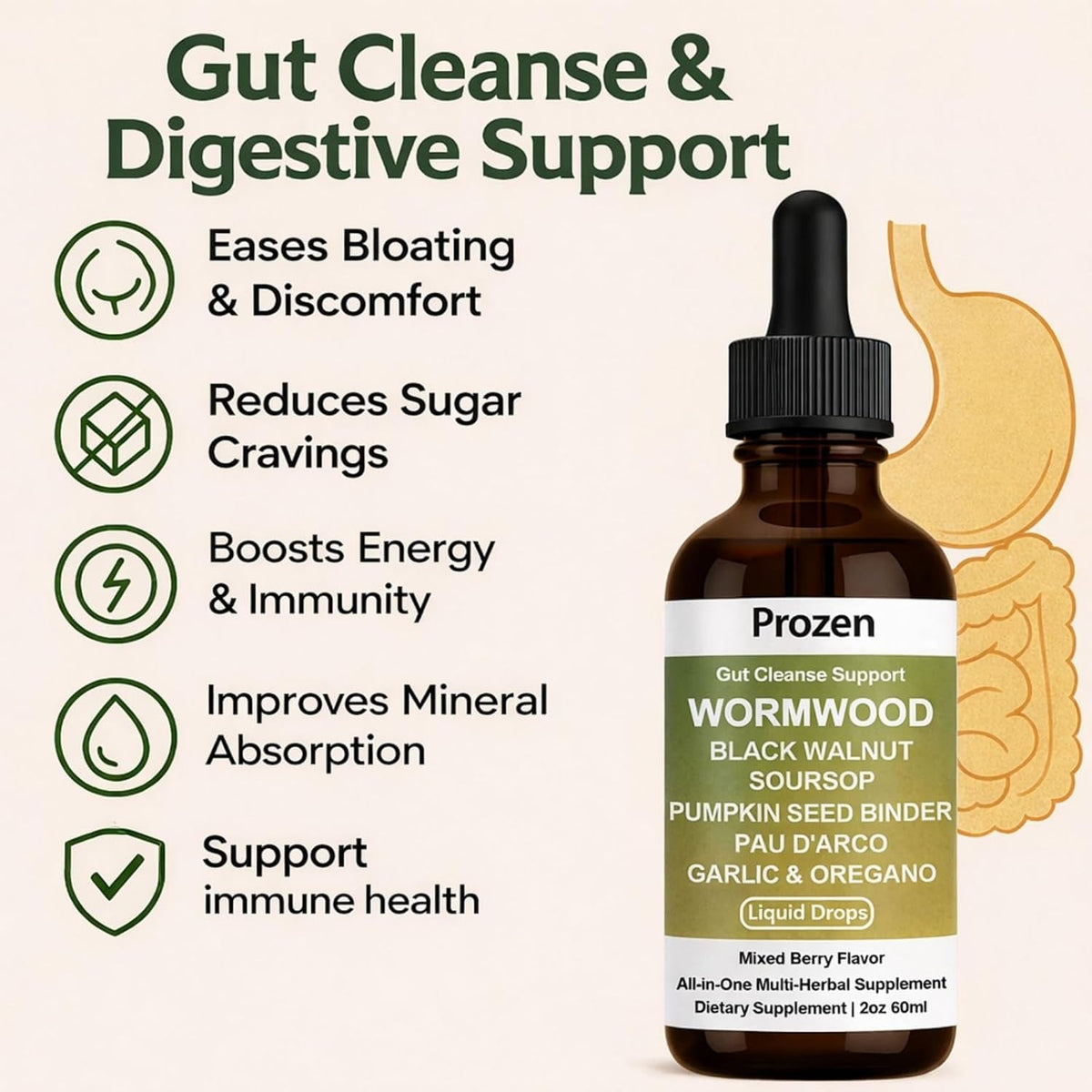 Prozen Wormwood Gut Cleanse Liquid Drops, Wormwood Black Walnut Clove Gut Cleanser for Adults with Soursop, Pumpkin Seed, PAU D'Arco, Garlic Oregano, Boosts Energy, Gut Health & Absorption, 2Oz (1)