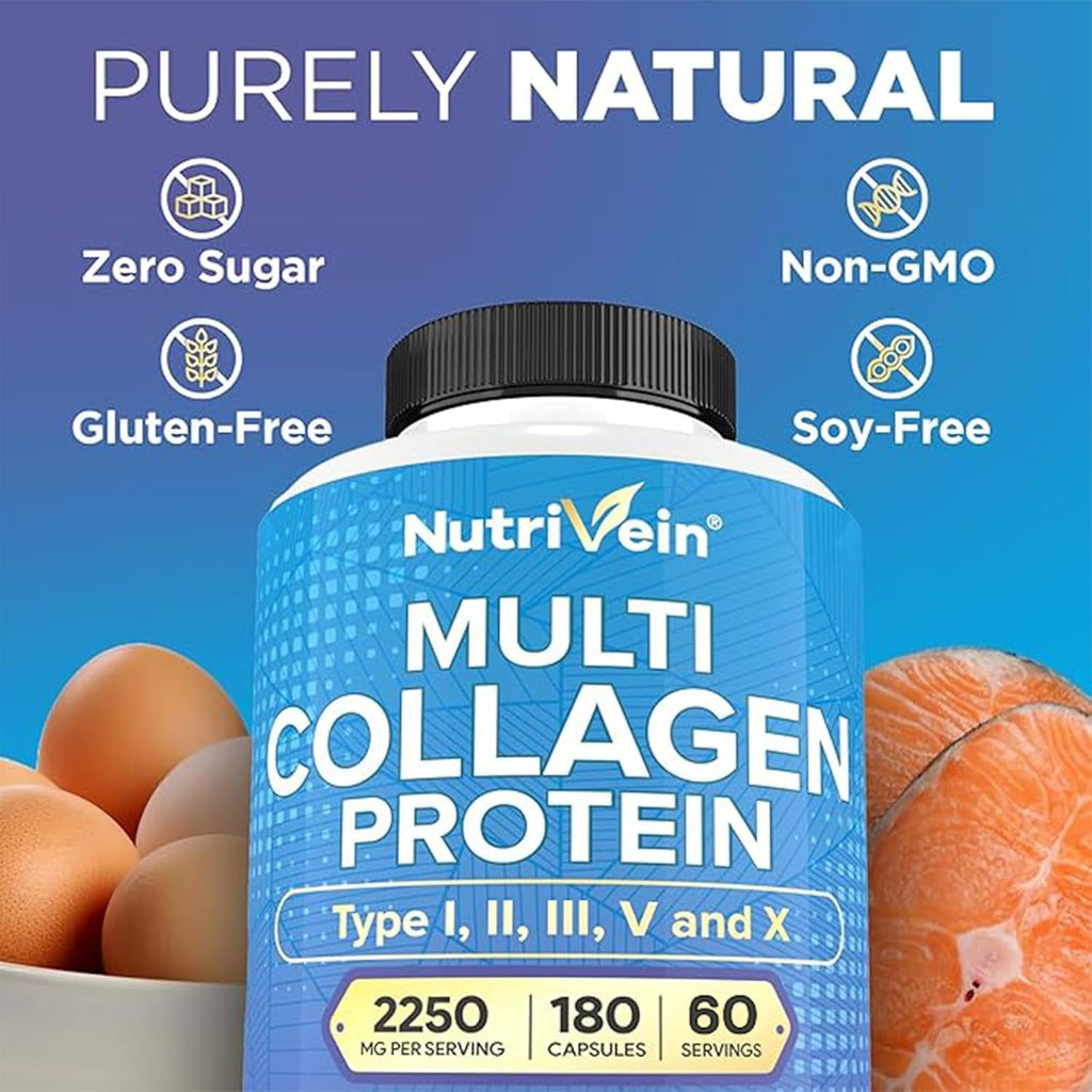 Nutrivein Premium Multi Collagen Pills 2250 Mg - 180 Easy-To-Swallow Collagen Capsules: Type I, II, III, V, X Hydrolyzed Protein Peptides for Women and Men - Aging, Joints, Hair, Skin, Bones, & Nails