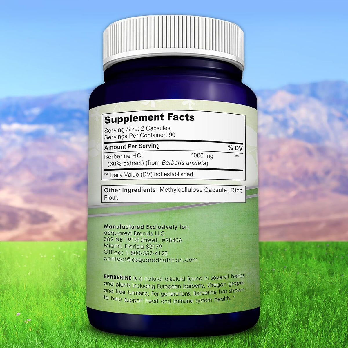 Asquared Nutrition Pure Berberine 1000Mg Supplement - 180 Veggie Capsules, Natural Berberine Hydrochloride HCL Plus, Max Strength 1000 Mg (2X 500Mg), Potent Berberine Vegan Extract