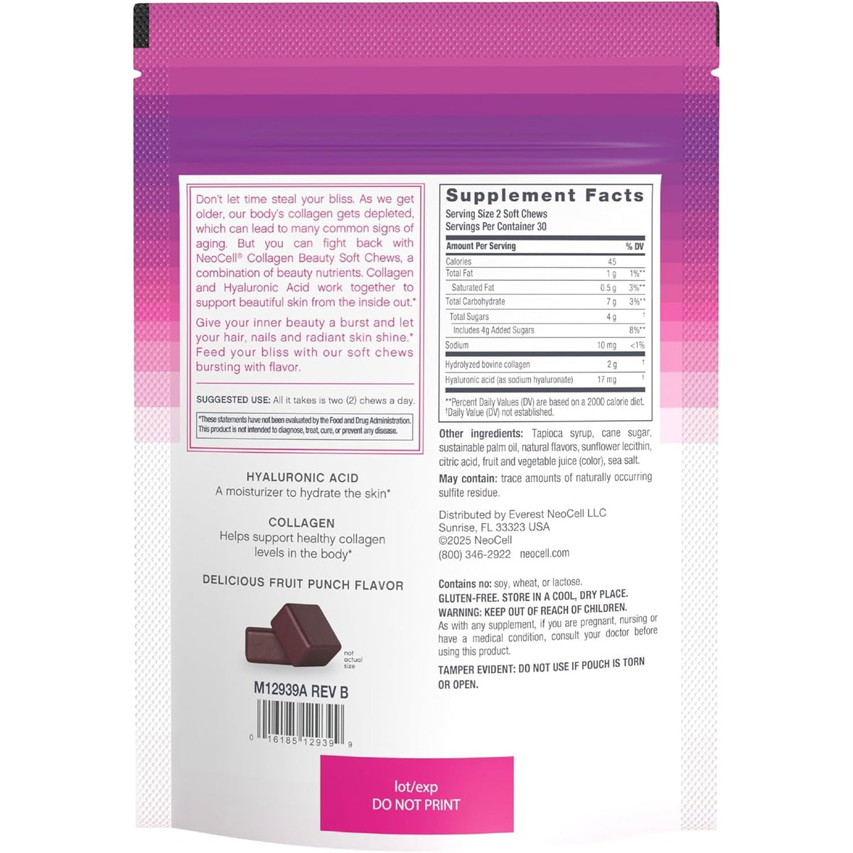 Neocell Collagen Beauty Soft Chews with Vitamin C and Hyaluronic Acid, for Hair, Skin and Nail Health, Fruit Punch, Soft Chews, 60 Count, 1 Bag