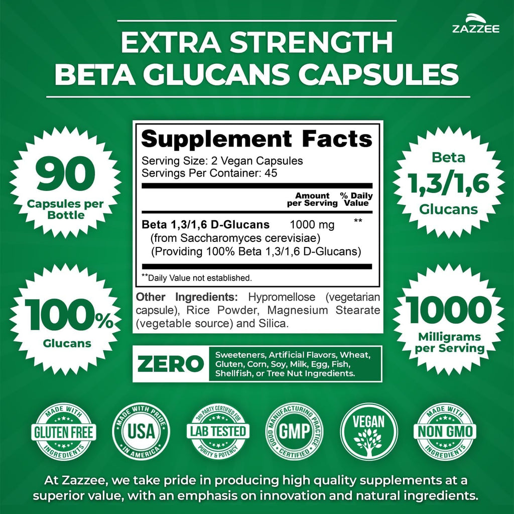 Zazzee Extra Strength 1,3/1,6 Beta Glucans, 1000 Mg, 100% Concentrated, 90 Vegan Capsules, Supports a Healthy Immune System, 100% Vegetarian, All-Natural and Non-Gmo