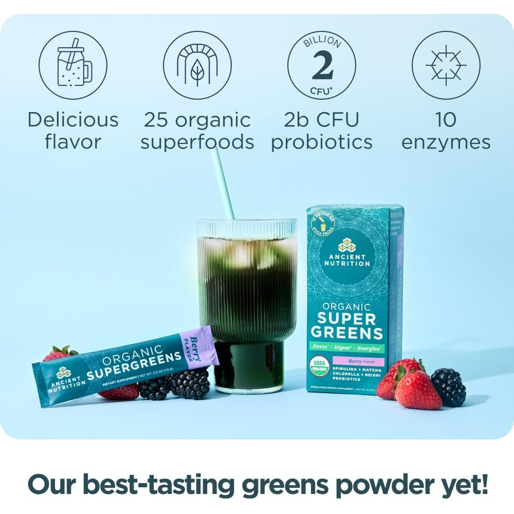 Ancient Nutrition Supergreens Powder with Probiotics, Organic Berry Flavor Greens, Made from Real Fruits, Vegetables and Herbs, Digestive and Energy Support, 16 Stick Packs, 4.2Oz