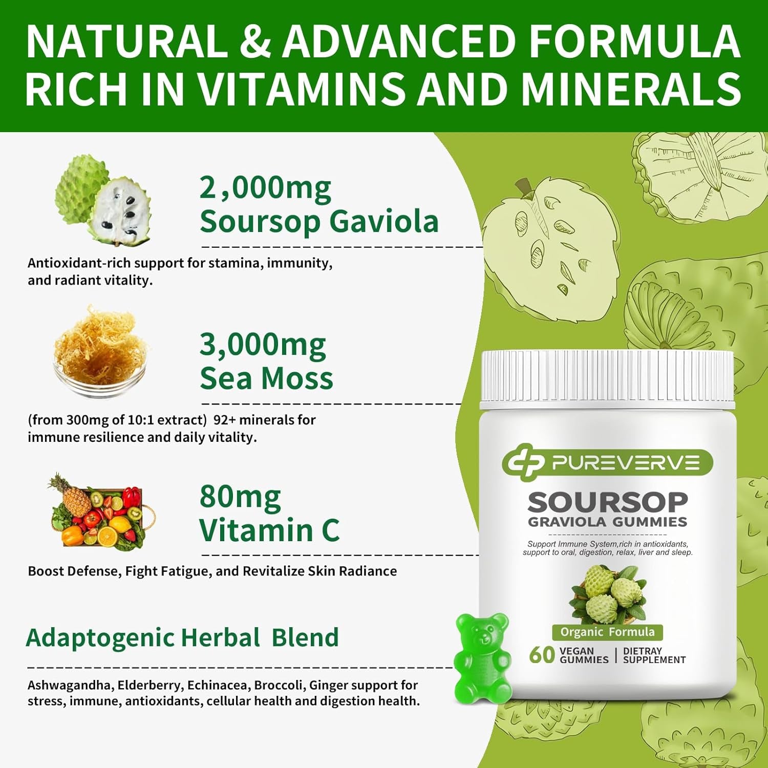 Soursop Graviola Gummies, Max Strength Soursop Leaves Extract with Sea Moss & Zinc for Cell Support & Regeneration, Immunity, Liver and Antioxidant, Sugar/Gluten Free, Vegan - 60 CT