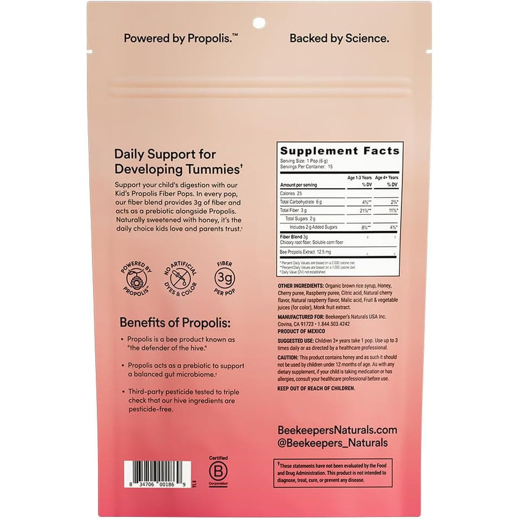 Kids Prebiotic Fiber Lollipops by Beekeeper'S Naturals - Doctor Formulated Fiber Supplement, Supports Digestive Regularity, 3G of Fiber & Honey, Raspberry Blast & Sweet Cherry Variety Pack, 15 Ct