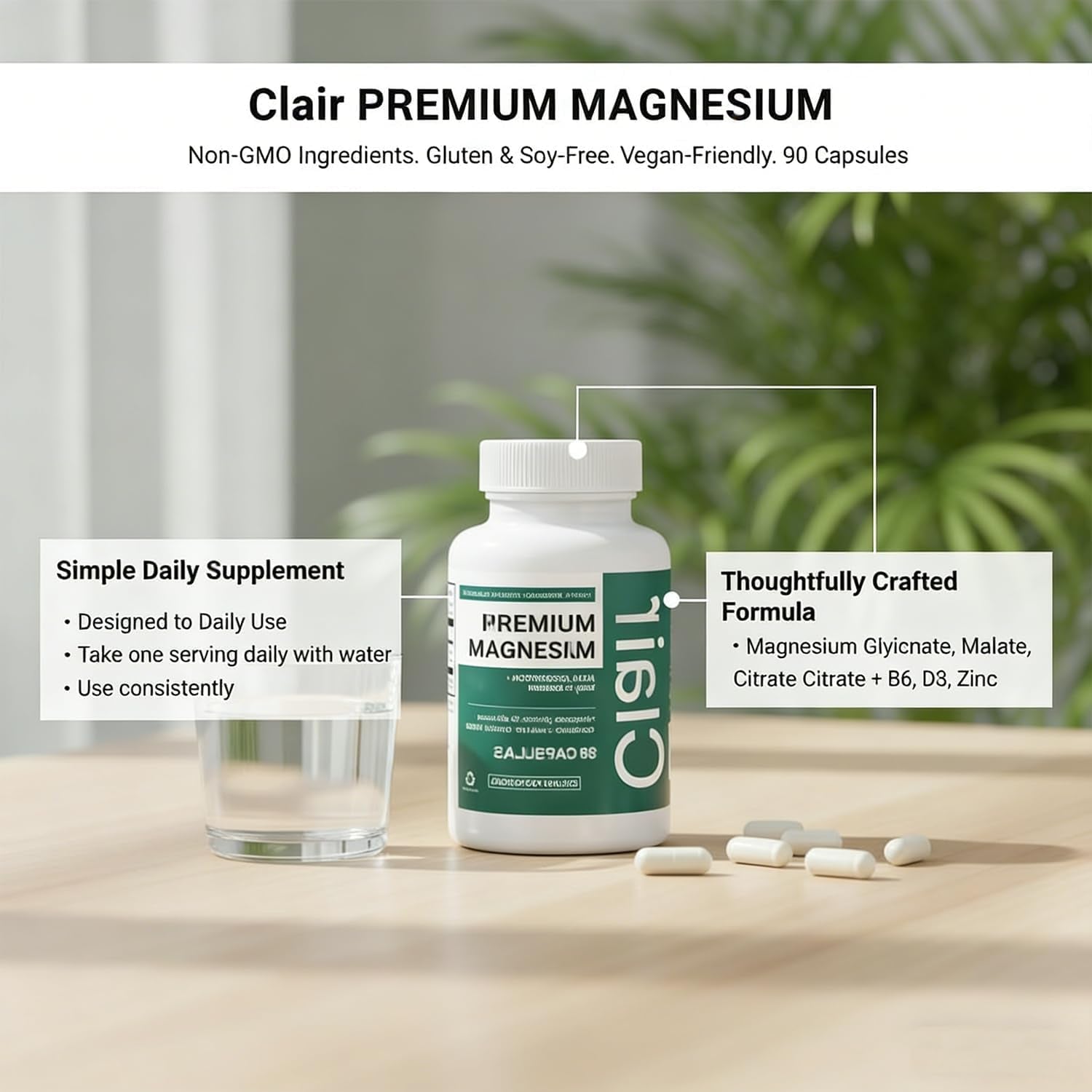 Clair Magnesio Premium, Premium Magnesium Glycinate, Non-Gmo Ingredients, Daily Routine, Vegan-Friendly 90 Capsules