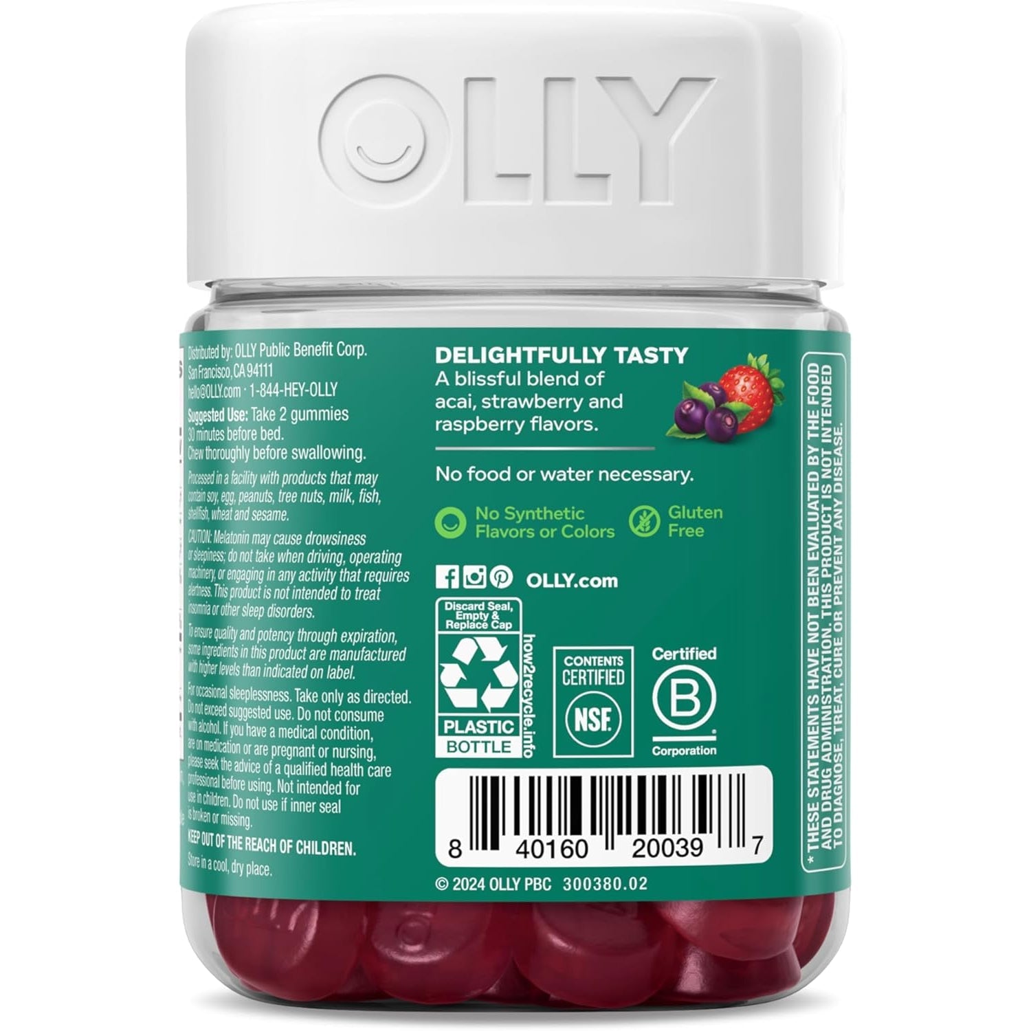 OLLY Muscle Recovery Sleep Gummies, Sleep and Healthy Muscle Support,* 3Mg Melatonin, Tart Cherry Extract, Vitamin D, Berry Rested Flavor, 20 Day Supply - 40 Count