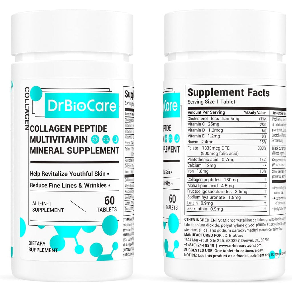 Drbiocare Collagen Peptides for Women, Beauty Vitamin & Mineral Supplement,Contains Vitamin D3, Probiotics for Women & Collagen Peptides,Vitamin B Complex,Vitamin E 60 Tablets