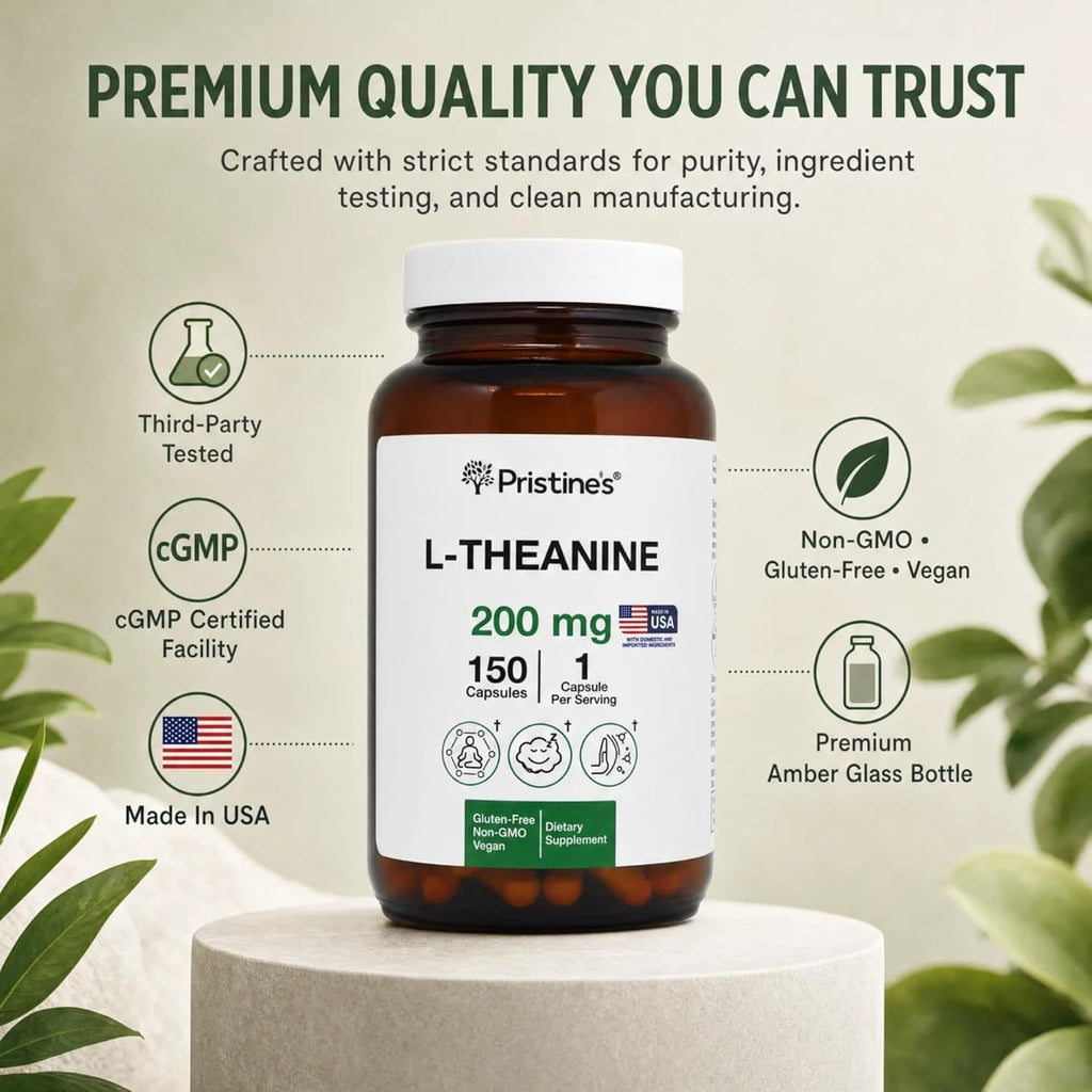 PRISTINE'S L Theanine 200Mg Supplement Capsules - 3Rd Party Tested Non GMO -150 Day Supply - Relaxation & Sleep Quality Support Capsules - Vegan, Cgmp Facility & Gluten Free Glass Bottles