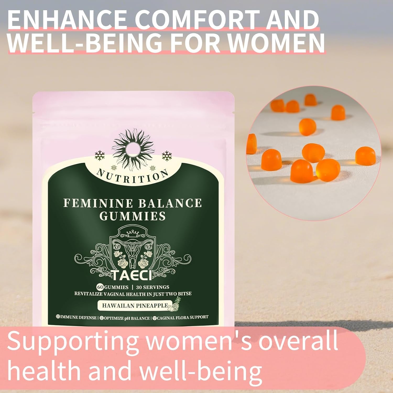 Feminine Balance Gummies for Women – Daily Ph & Probiotic Support with Pineapple & Vitamin C, Supports Flora & Immune Health, Vegan & Gluten-Free, 60 Gummies (30-Day Supply)