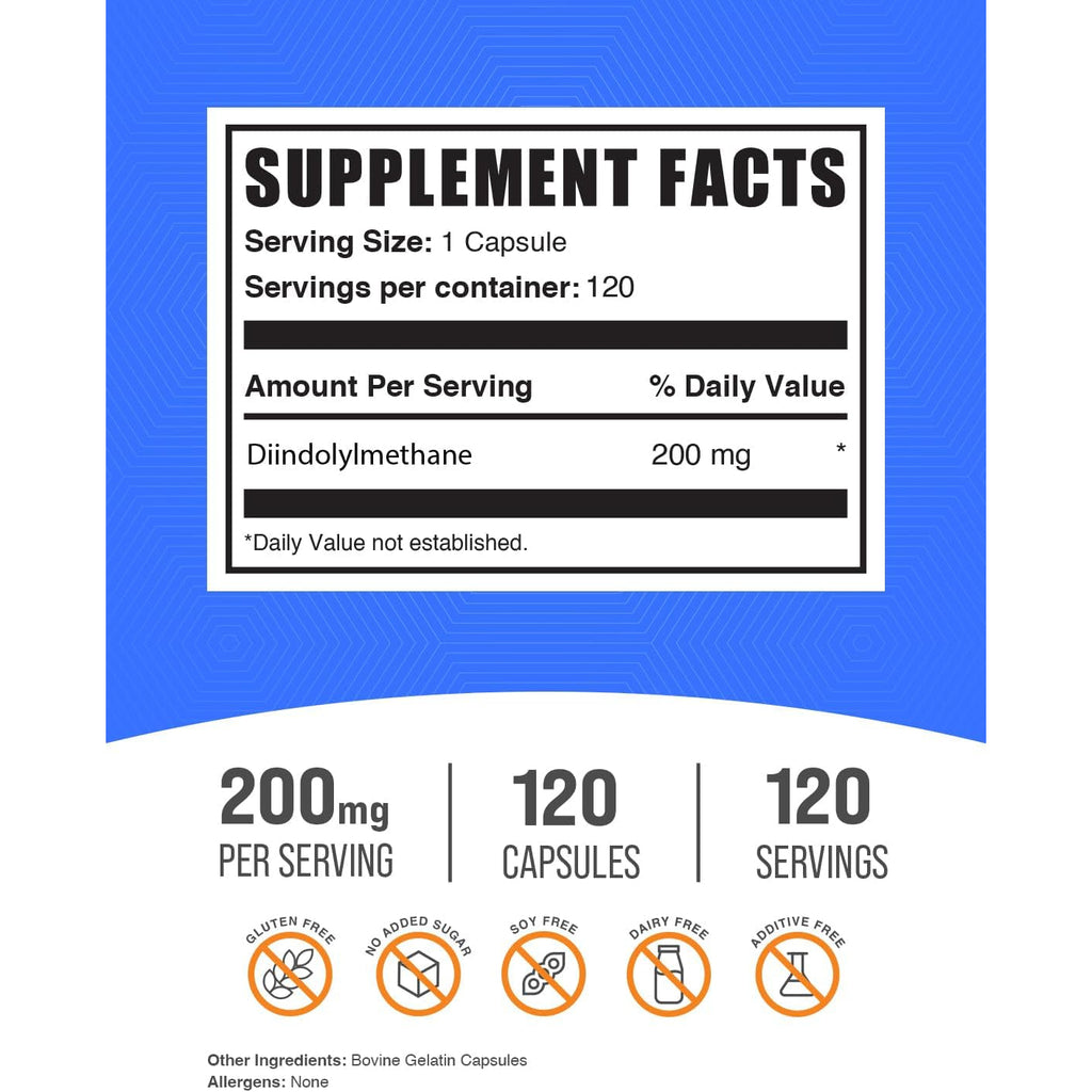 Bulksupplements.Com DIM Capsules - Diindolylmethane Capsules for Men & Women, DIM 200Mg, Gluten Free, 1 Capsule per Serving, 120 Count (Pack of 1)