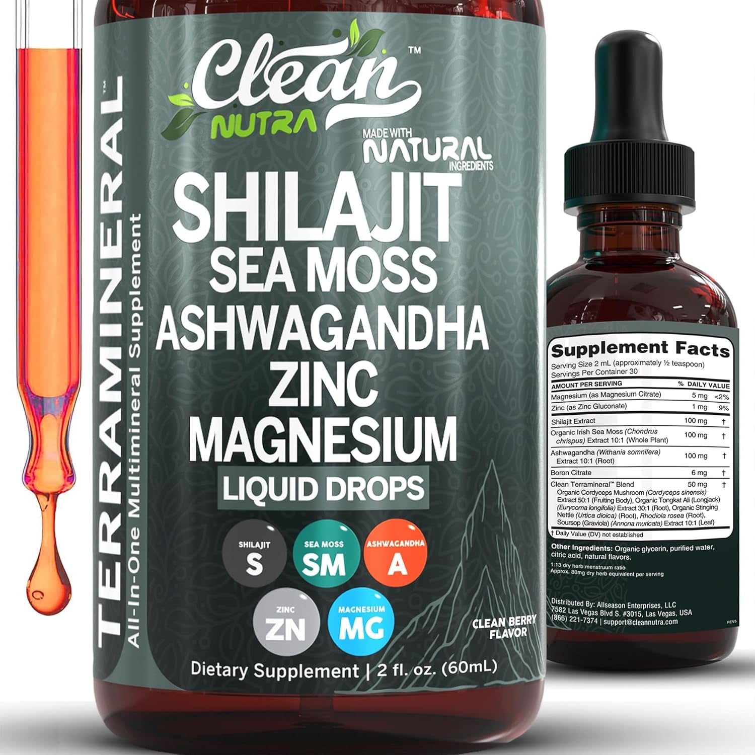 Clean Nutraceuticals Shilajit Drops Liquid | Shilajit Supplement for Men Women with Sea Moss Ashwagandha Zinc Magnesium Boron Fulvic Acid – Himalayan Shilajit Energy Vitality Stamina – 2Oz