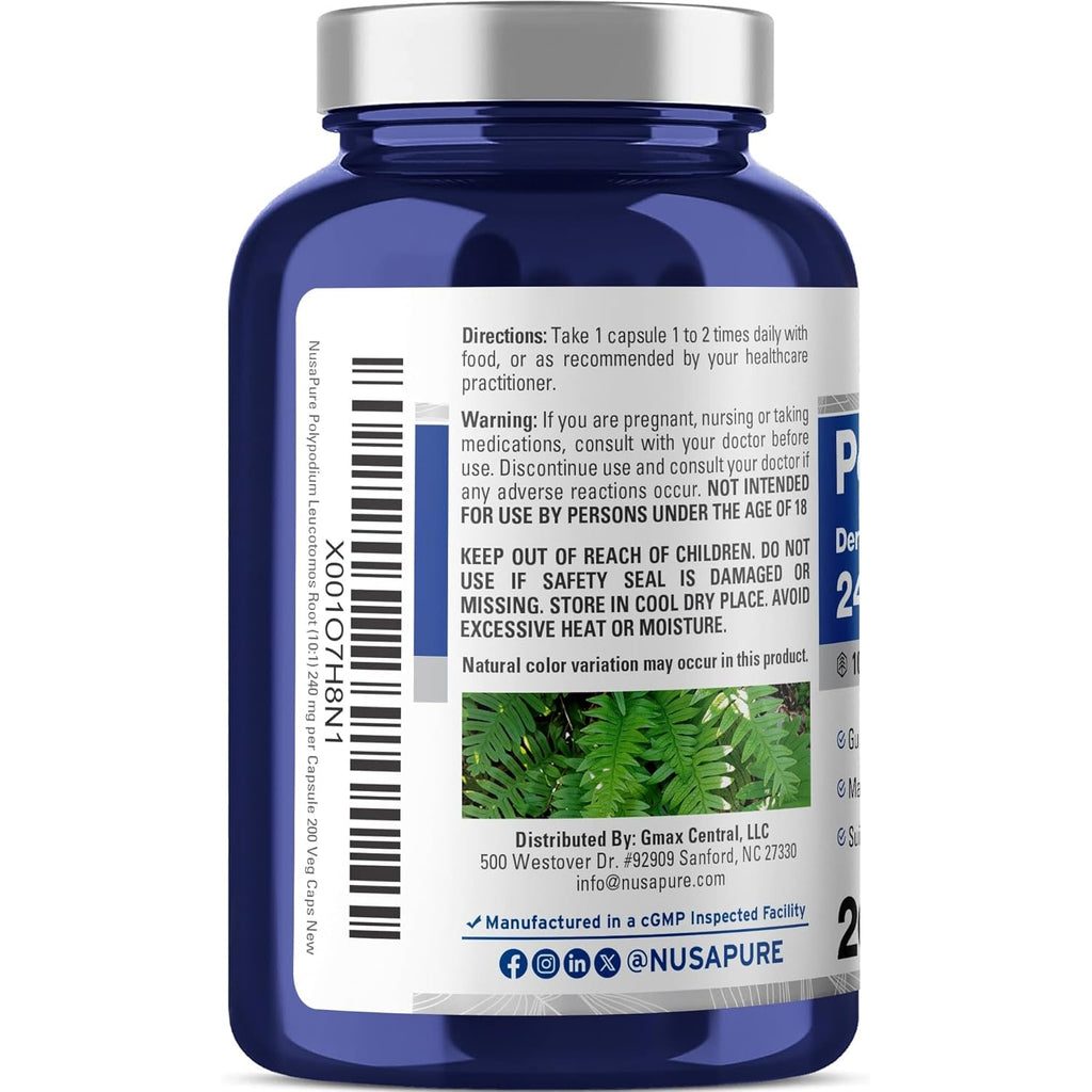 Nusapure Polypodium Leucotomos Capsules, 240 Mg, 200 Veg Capsules (Non-Gmo, Vegan)