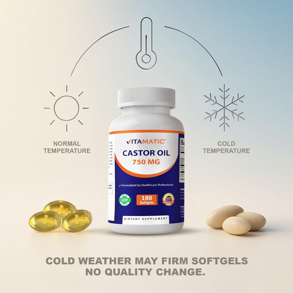 Vitamatic Castor Oil Softgels 750 Mg | Cold Pressed | 180 Softgels | Easy-To-Swallow