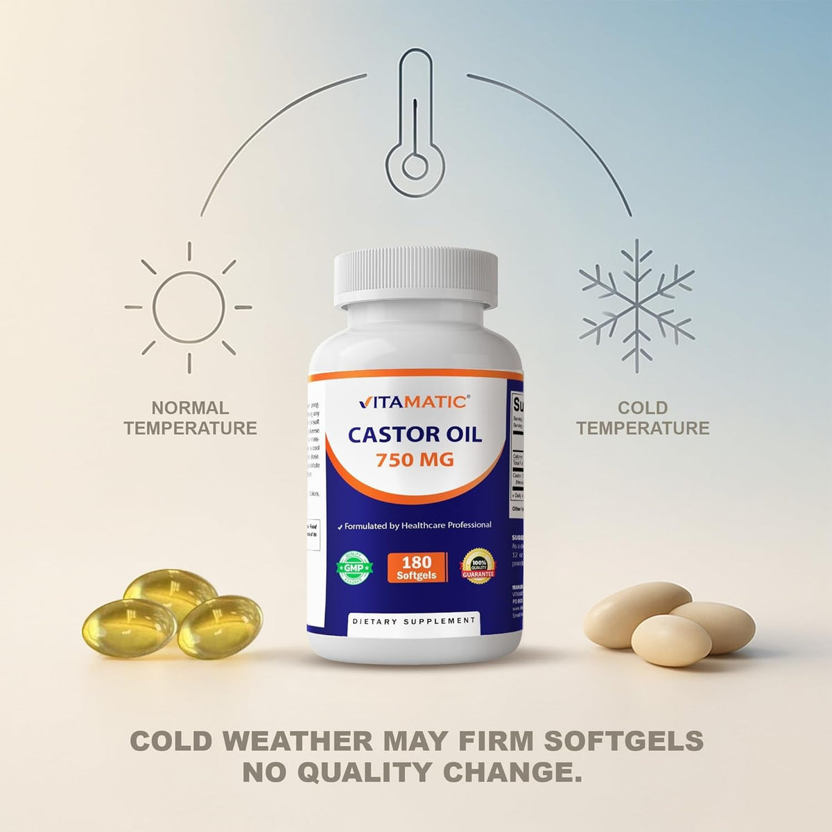Vitamatic Castor Oil Softgels 750 Mg | Cold Pressed | 180 Softgels | Easy-To-Swallow