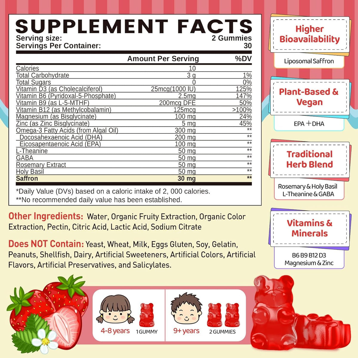 Liposomal Saffron Gummies for Kids 4+, Saffron Supplements W/Holy Basil, Rosemary, Magnesium Glycinate, Omega-3 & More, Brain Focus Support Supplement, Vegan, Organic, Sugar Free, 60 Chewables