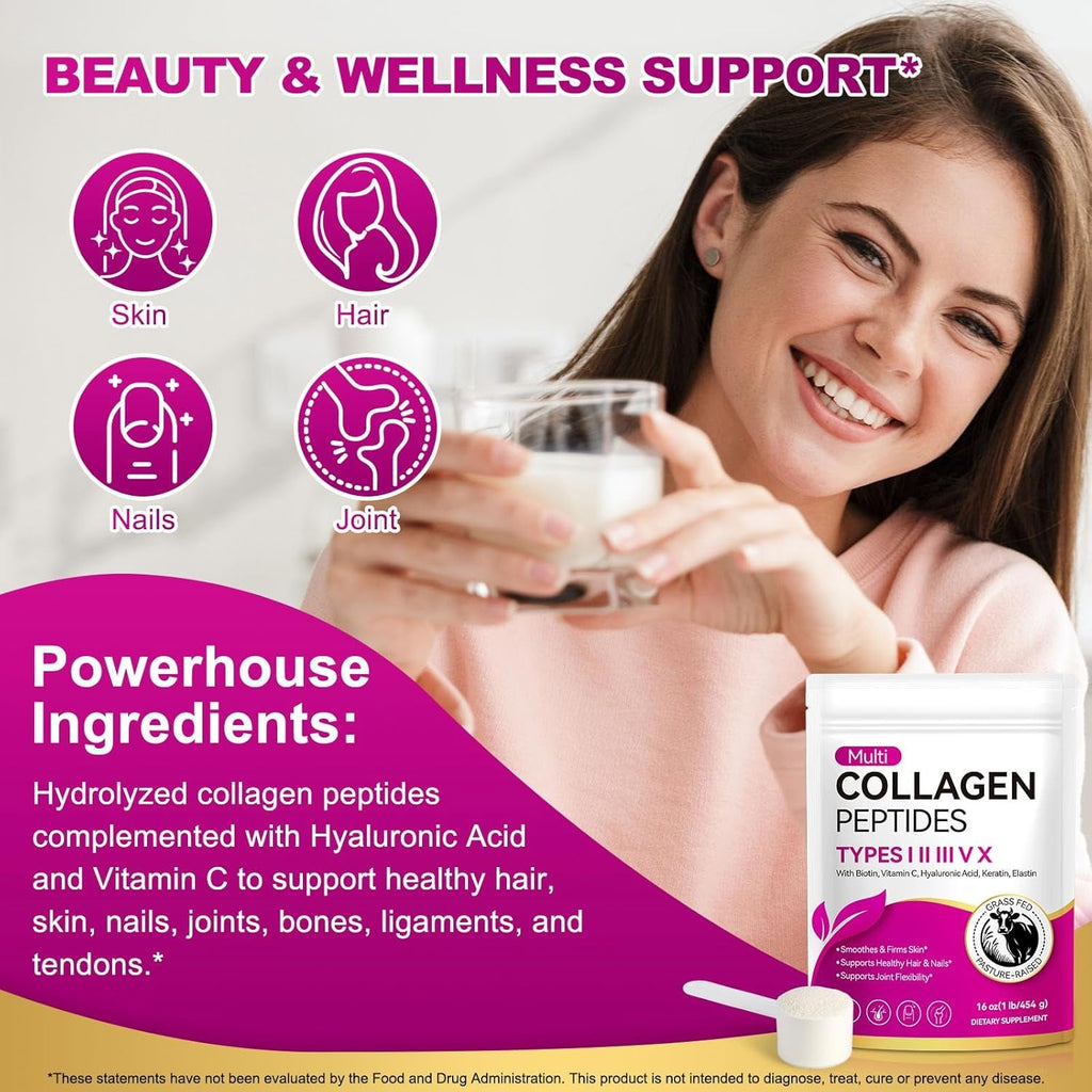 Multi Collagen Peptides Powder,Type I, II, III, V, X,With Biotin,Vitamin C,Hyaluronic Acid,Supports Healthy Joint, Hair, Skin & Nail Support,Grass-Fed, Non-Gmo,16Oz