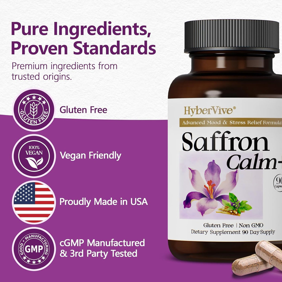 Saffron Supplements with Ashwagandha & L-Theanine - 368.5MG - Mood Balance, Stress Relief & Mental Clarity – Cortisol Support for Women & Men, Made in USA, 90 Vegan Capsules
