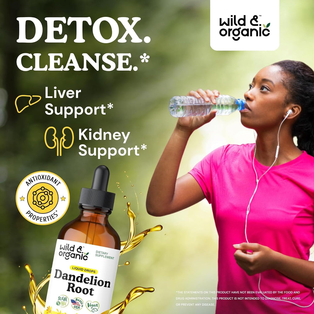 Wild & Organic Dandelion Root Extract Drops - Liver Cleanse Detox - Herbal Dandelion Tincture - Liver Support Supplement - Add to Tea - Vegan, Sugar & Alcohol-Free Liquid Drops - 4 Fl Oz
