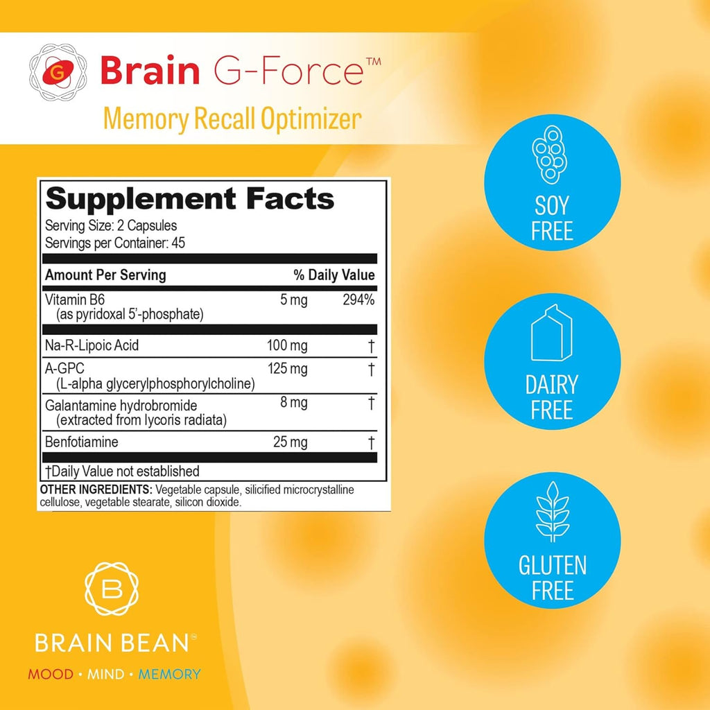 Brain G-Force | for Optimal Brain Function | with Galantamine, R-Lipoic Acid, A-GPC, and Benfotiamine | 45 Servings
