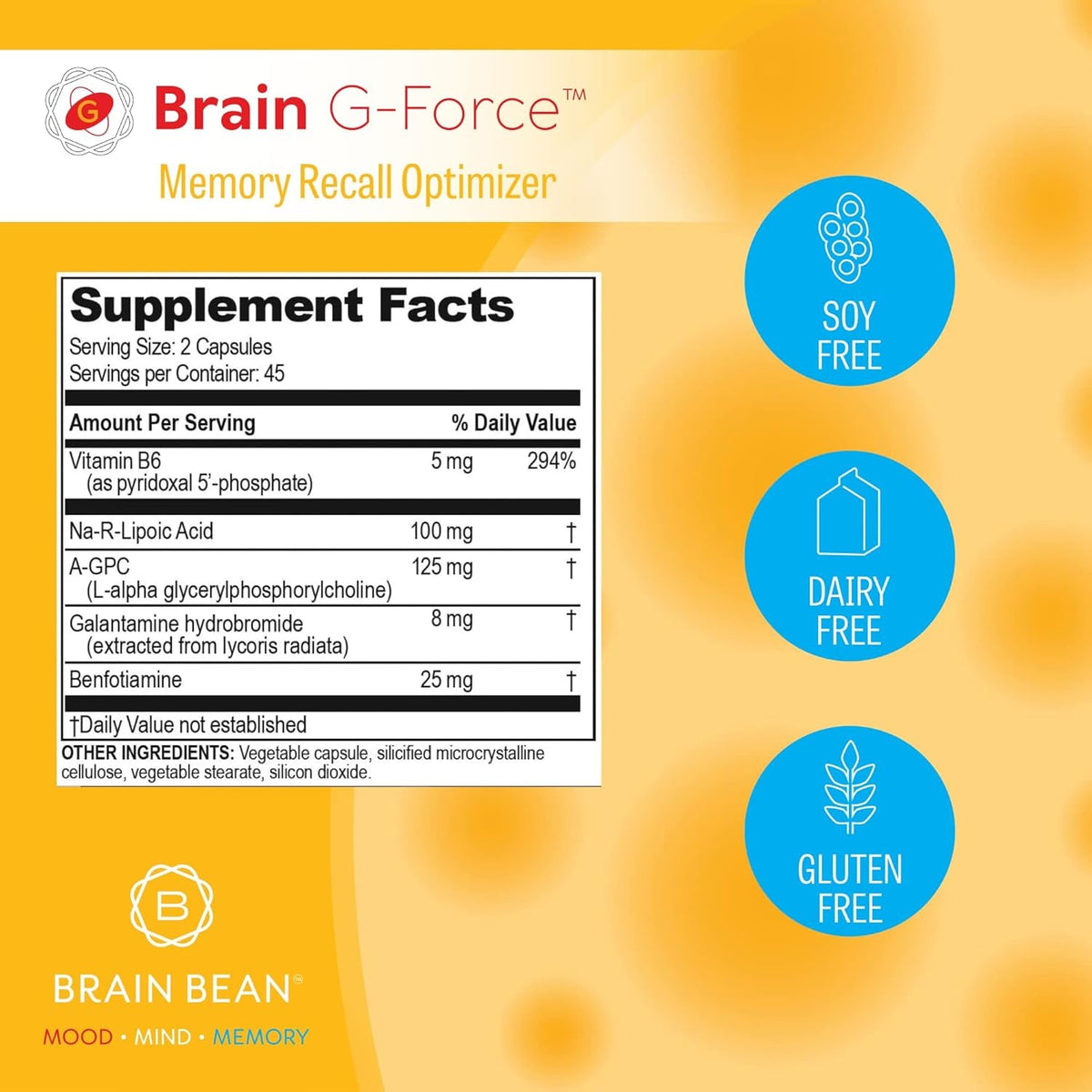 Brain G-Force | for Optimal Brain Function | with Galantamine, R-Lipoic Acid, A-GPC, and Benfotiamine | 45 Servings