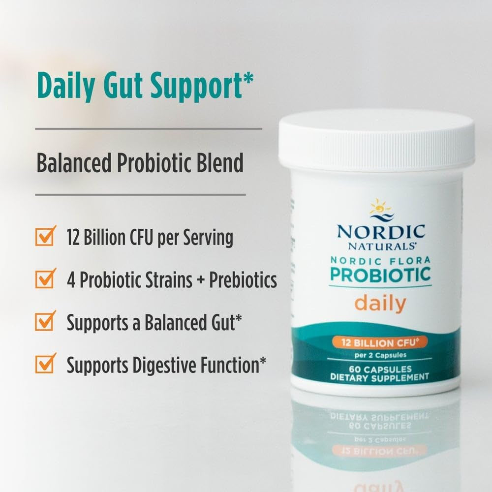 Nordic Naturals Nordic Flora Probiotic Daily - 60 Capsules - 4 Probiotic Strains with 12 Billion Cultures - Optimal Wellness, Immune Support, Digestive Health - Non-Gmo, Vegan - 30 Servings