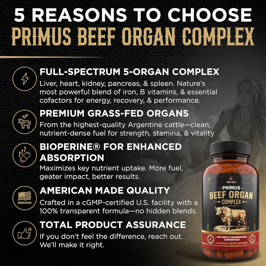 Beef Organ Supplement for Men & Women - PRIMUS Grass Fed Beef Liver Capsules with Heart, Primal Ancestral Blend 5 Organ Meat Supplements, Viking Energy Complex, Bioperine for Absorption, 180 Pills