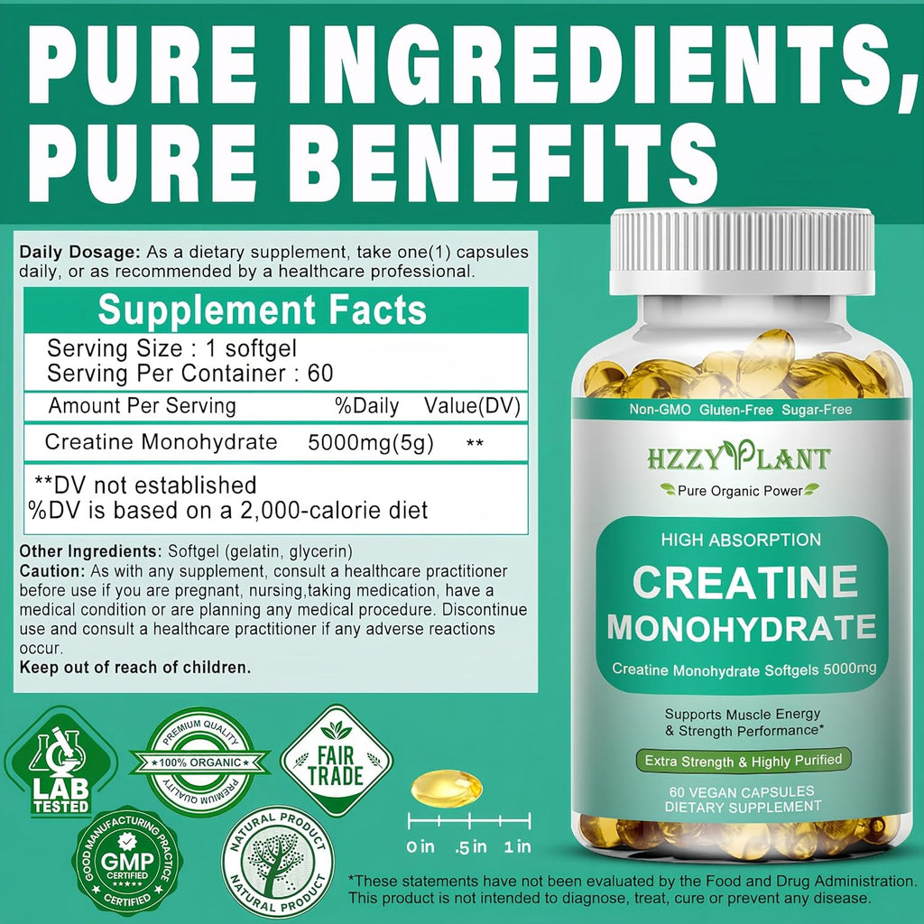 Creatine Softgels - High Absorption Creatine for Women & Men - Creatine Monohydrate 5000Mg for Muscle Strength, Muscle Builder, Energy Boost, Pre-Workout - Sugar Free, Non-Gmo & Gluten Free