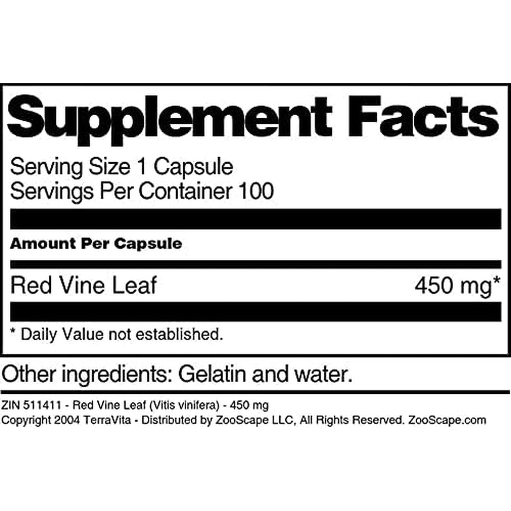 Terravita Red Vine Leaf (Vitis Vinifera) - 450 Mg (100 Capsules, ZIN: 511411)