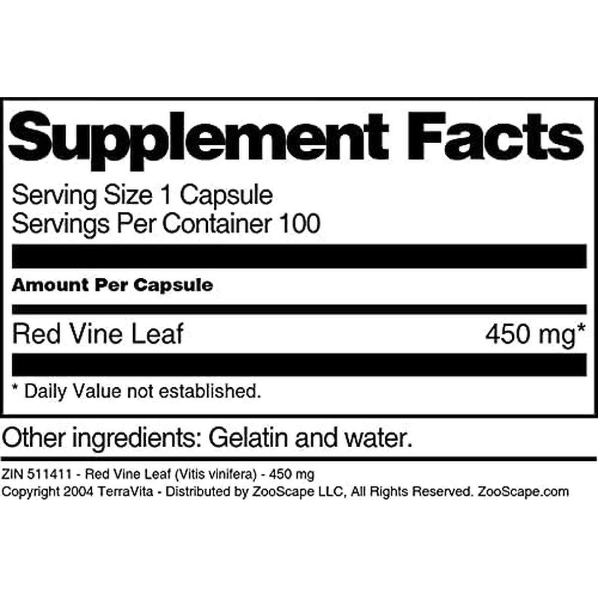 Terravita Red Vine Leaf (Vitis Vinifera) - 450 Mg (100 Capsules, ZIN: 511411)
