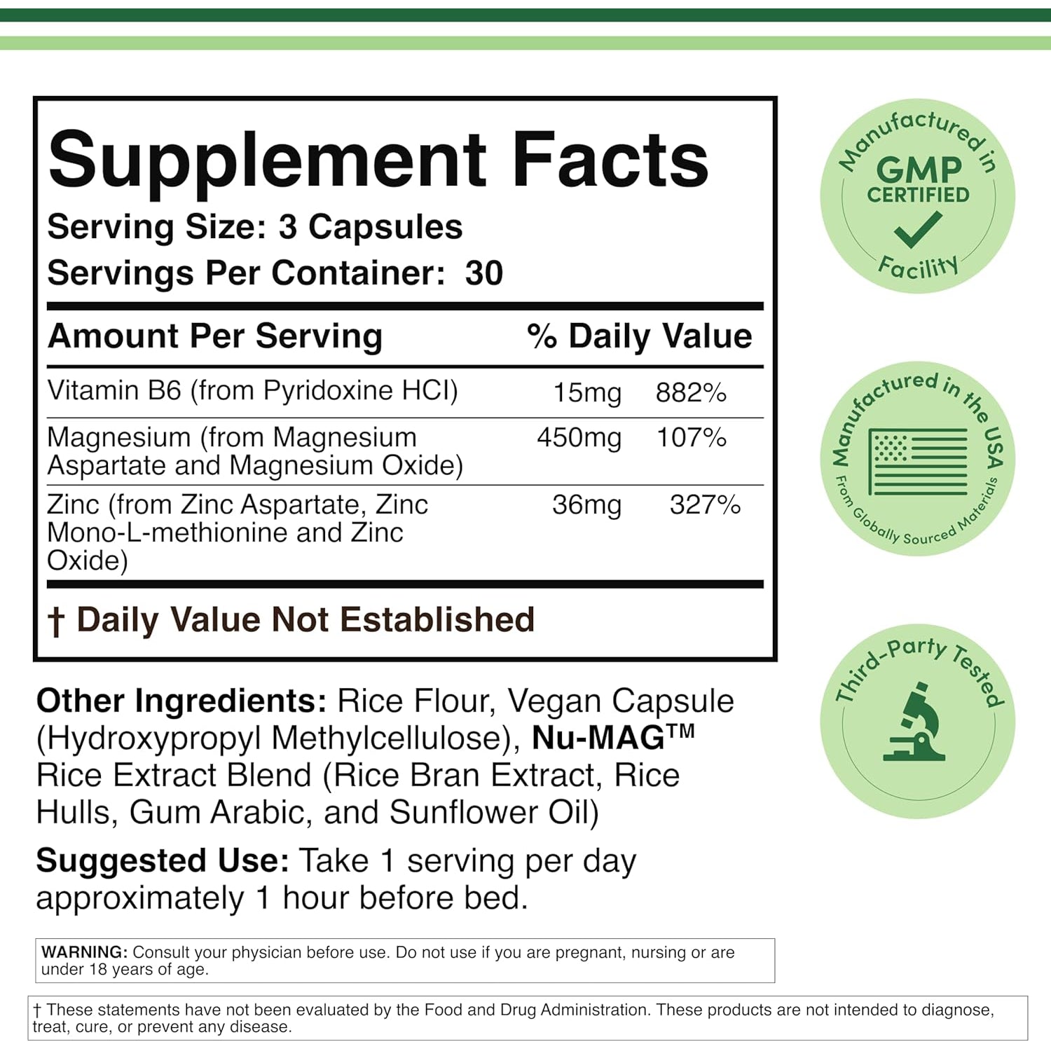 ZMA Supplement for Men and Women (Over 100% Daily Value of Zinc, Magnesium Aspartate, Vitamin B6) 501Mg, 90 Capsules for Restfulness and Active Lifestyle Support by Double Wood Supplements