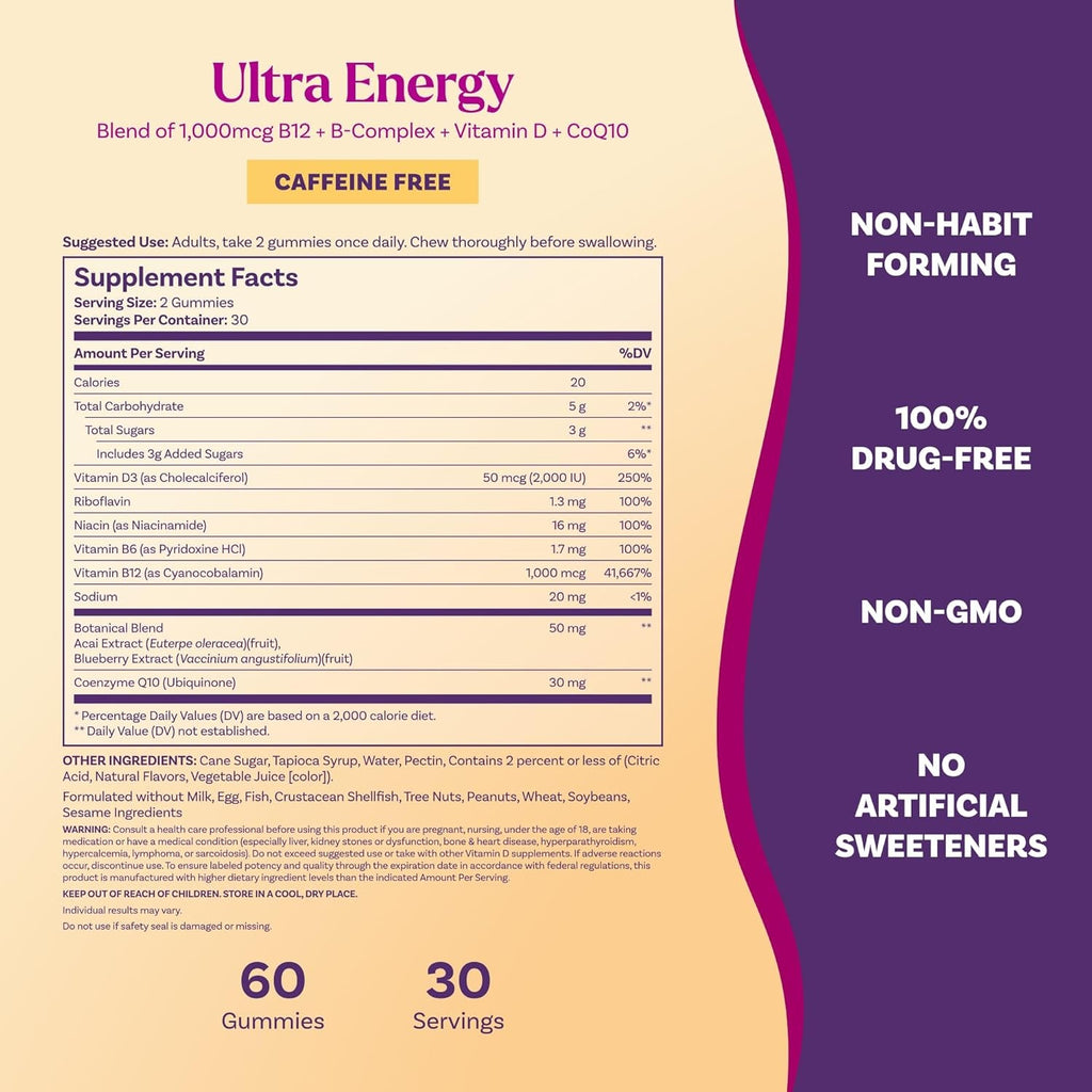 Natrol Ultra Energy 4-In-1 Blend 1000Mcg B12, Vitamin B Complex, Vitamin D, Coq10 Gummies 60 Ct, Vegetarian, Caffeine Free, Supports Cellular Energy Production