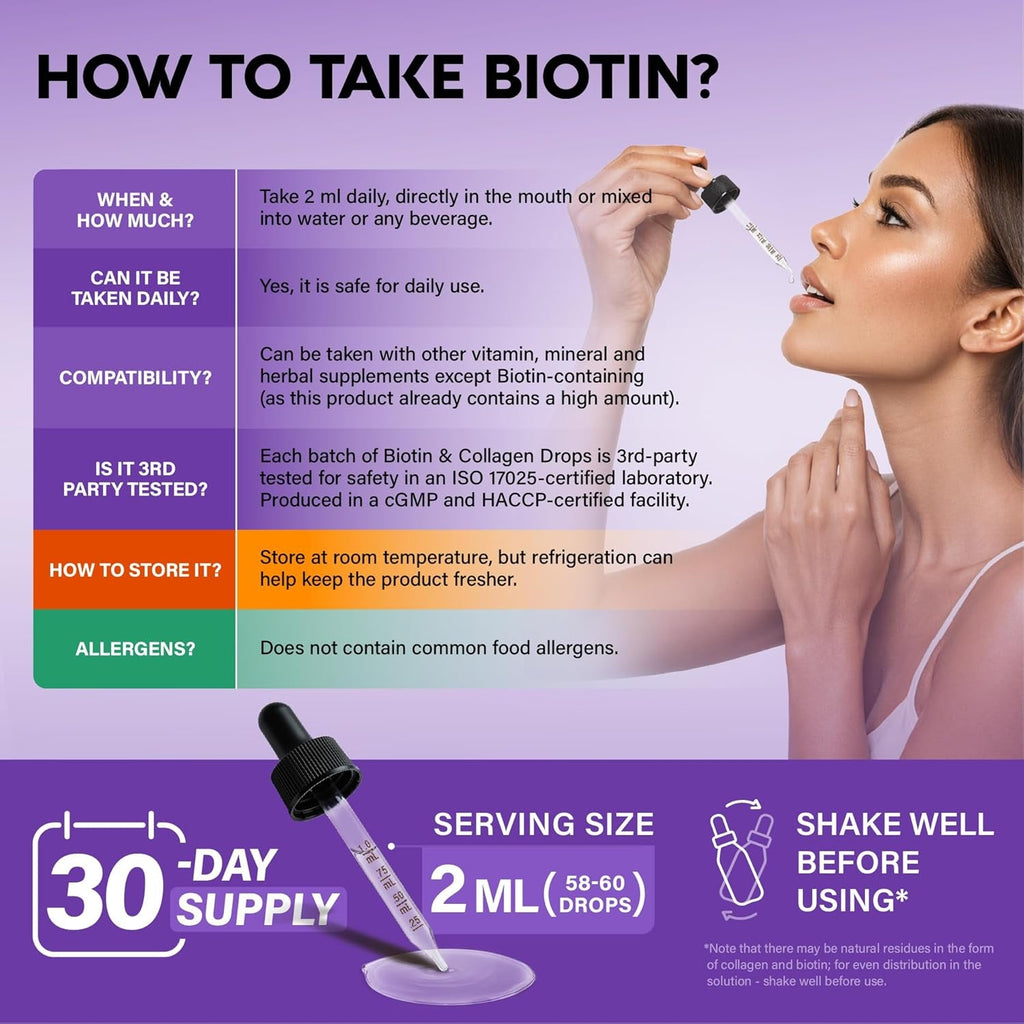 Liquid Biotin & Collagen 60,000 Mcg - Vitamins for Hair Growth Support - Extra Strength Drops for Women & Men - Liquid Collagen Supplement - Strong Nails & Healthy Skin - Raspberry Flavor, 2 Fl Oz