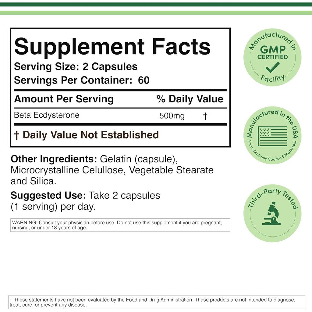 Beta Ecdysterone Supplement - 500Mg per Serving (120 Capsules, 60 Servings) Powerful Plant Anabolic to Support Men'S Health (Non-Gmo and Gluten Free) by Double Wood