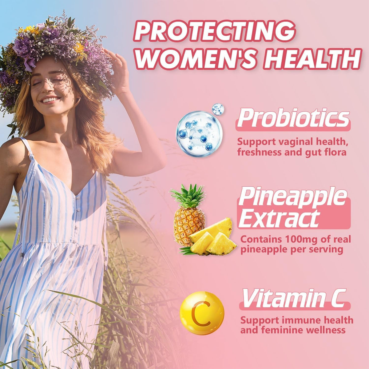 Pineapple Gummies for Women Ph - Feminine Balance Gummies for Flora and Vaginal Health + Vitamin C for Immune Support, Probiotics Women'S Ph Balance Gummy Nutrition Vegan Friendly, 90 Counts