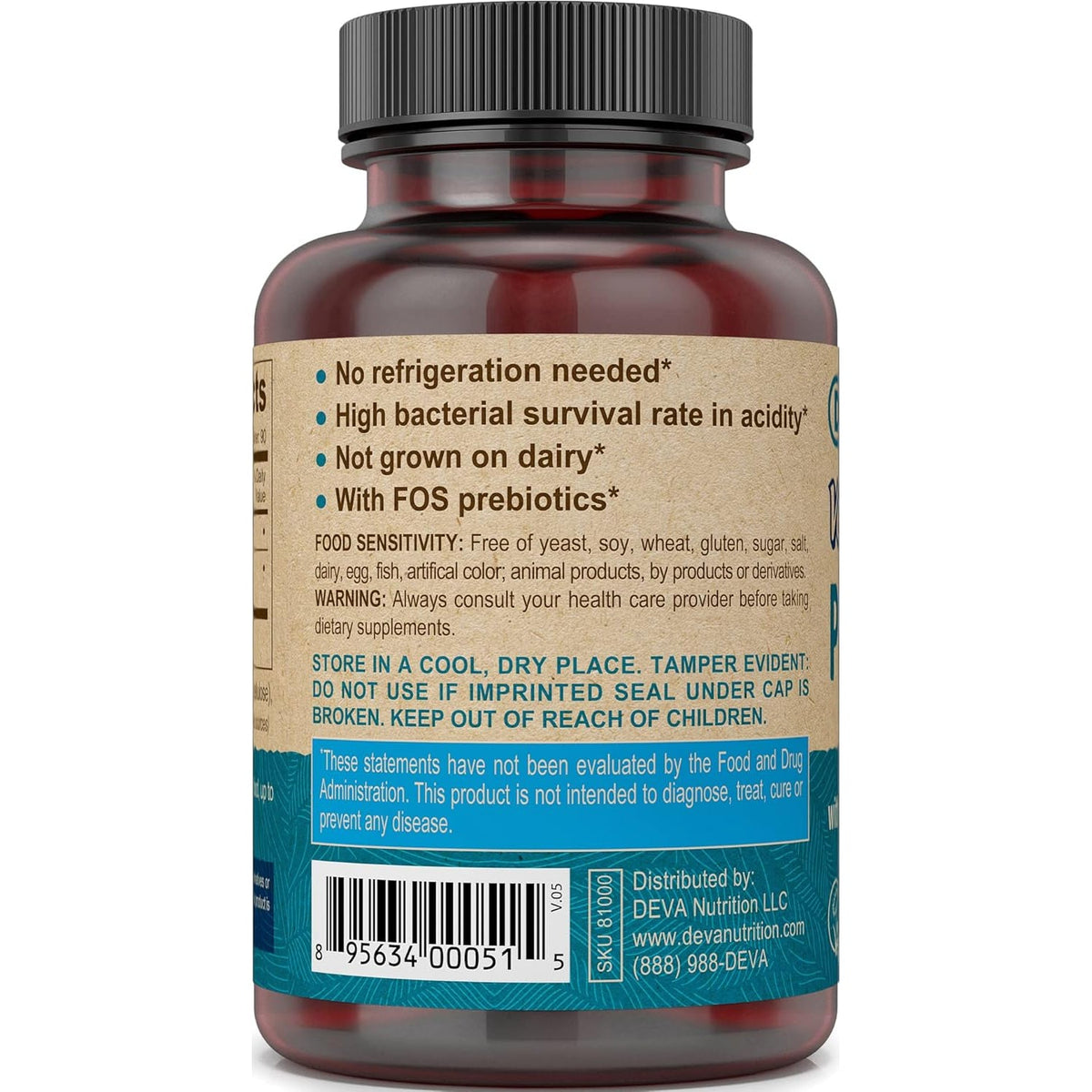 DEVA Vegan Probiotic with FOS Prebiotics Supplement - 2 Billion CFU with 100 MG of Prebiotics per Serving for Men & Women - Non-Dairy Gluten Free - Naturally Shelf Stable - 90 Capsules