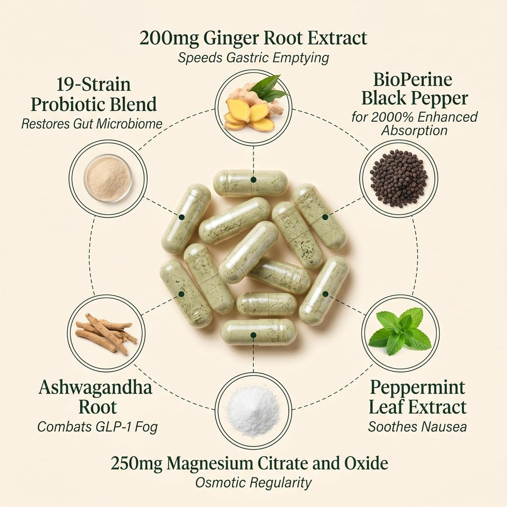 GLP-1 SOS™ Digestive Support for Ozempic Wegovy Mounjaro Users – Constipation, Sulfur Burps, Fatigue – Magnesium, Ginger, Probiotics, B12 – 60 Capsules