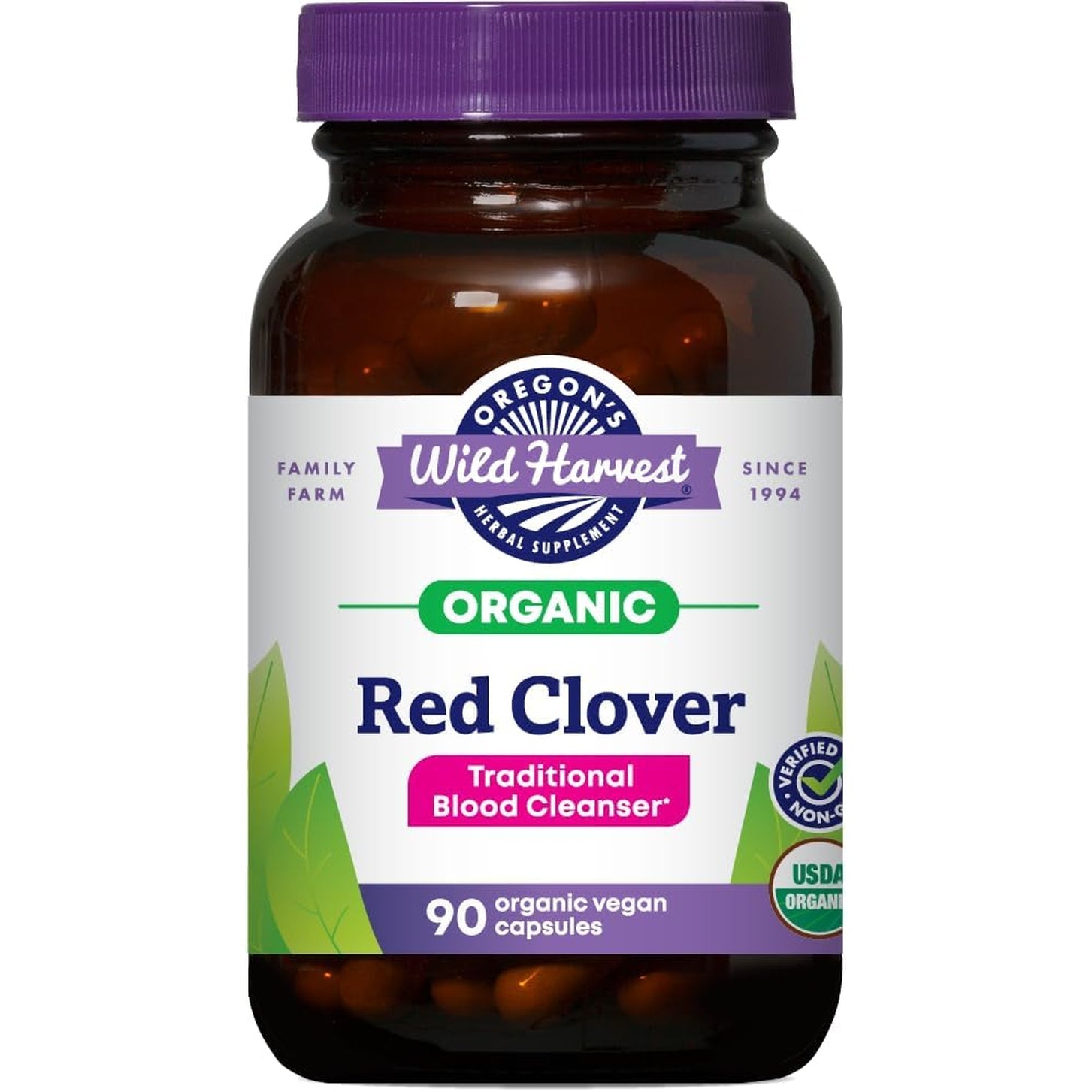 Oregon'S Wild Harvest Red Clover Capsules, Non-Gmo Organic Herbal Supplements, 90 Count,Organic Red Clover Blossoms and Leaf (Trifolium Pratense), Non-Gmo Vegan Capsules and Nothing Else