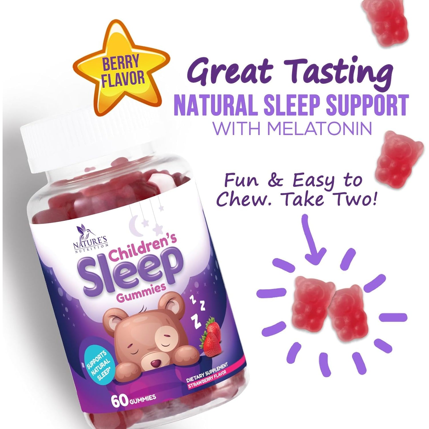 Kids Melatonin Gummies - 2Mg Melatonin per Serving - Children'S Melatonin Gummy for Restful Sleep - Best Children'S Chewable Sleep Supplement - Vegan, Non-Gmo, Natural Berry Flavor - 60 Gummies