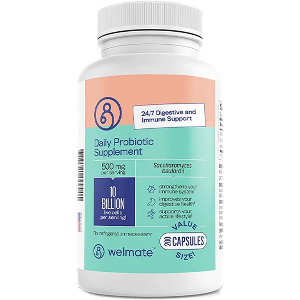 WELMATE - Daily Probiotic Supplement (200 Capsules) Saccharomyces Boulardii 500Mg - 24/7 Digestive Support, Immune Support - 10 Billion CFU - Over-The-Counter Medication - Vegan, Gluten Free, Non GMO