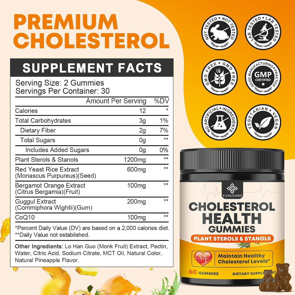 Cholesterol Supplements with 1200Mg Plant Sterols & Stanols, Guggul, Bergamot, Red Yeast Rice, Cholesterol Complex Gummies Support Healthy Cholesterol Levels, Pineapple Flavor, 60 Counts