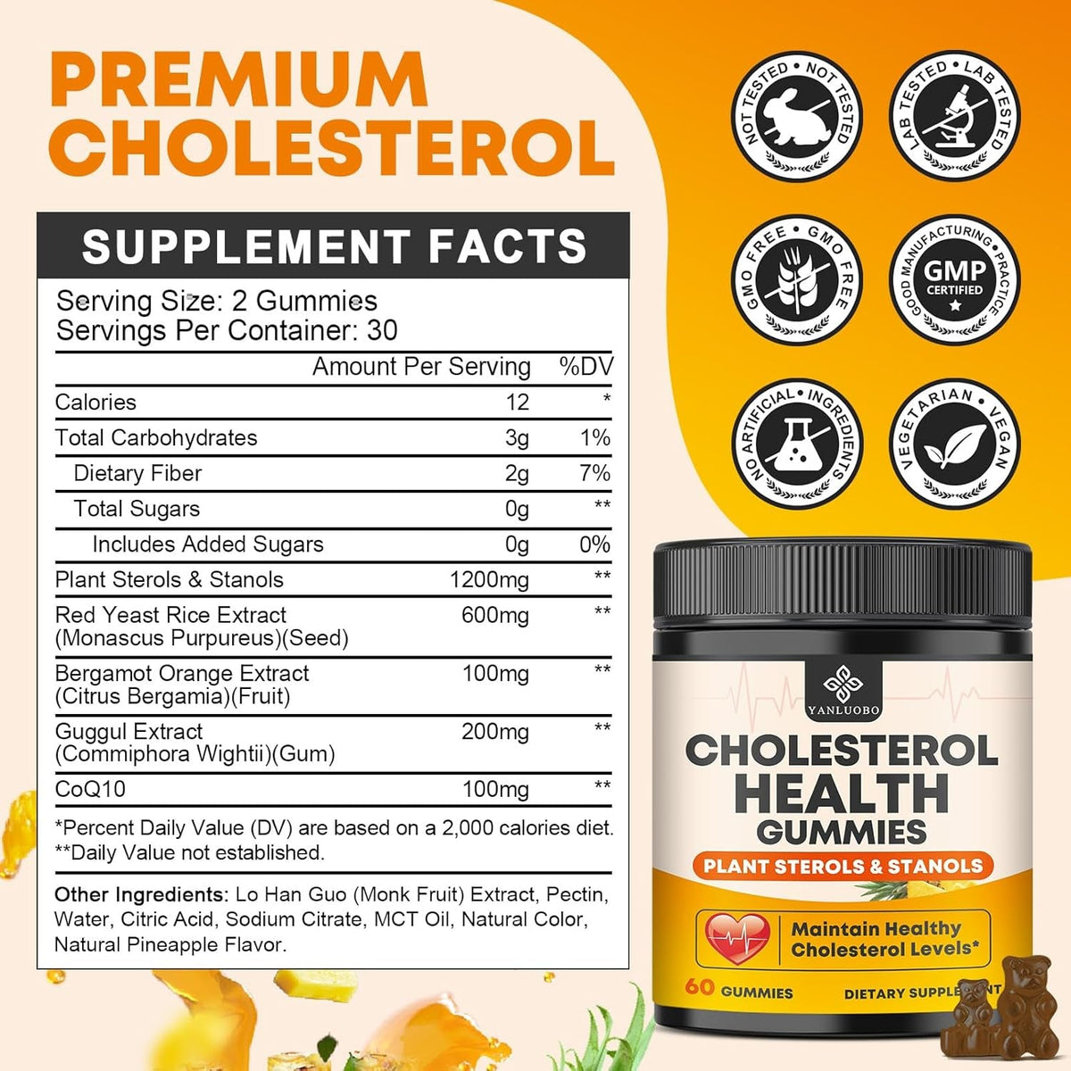 Cholesterol Supplements with 1200Mg Plant Sterols & Stanols, Guggul, Bergamot, Red Yeast Rice, Cholesterol Complex Gummies Support Healthy Cholesterol Levels, Pineapple Flavor, 60 Counts