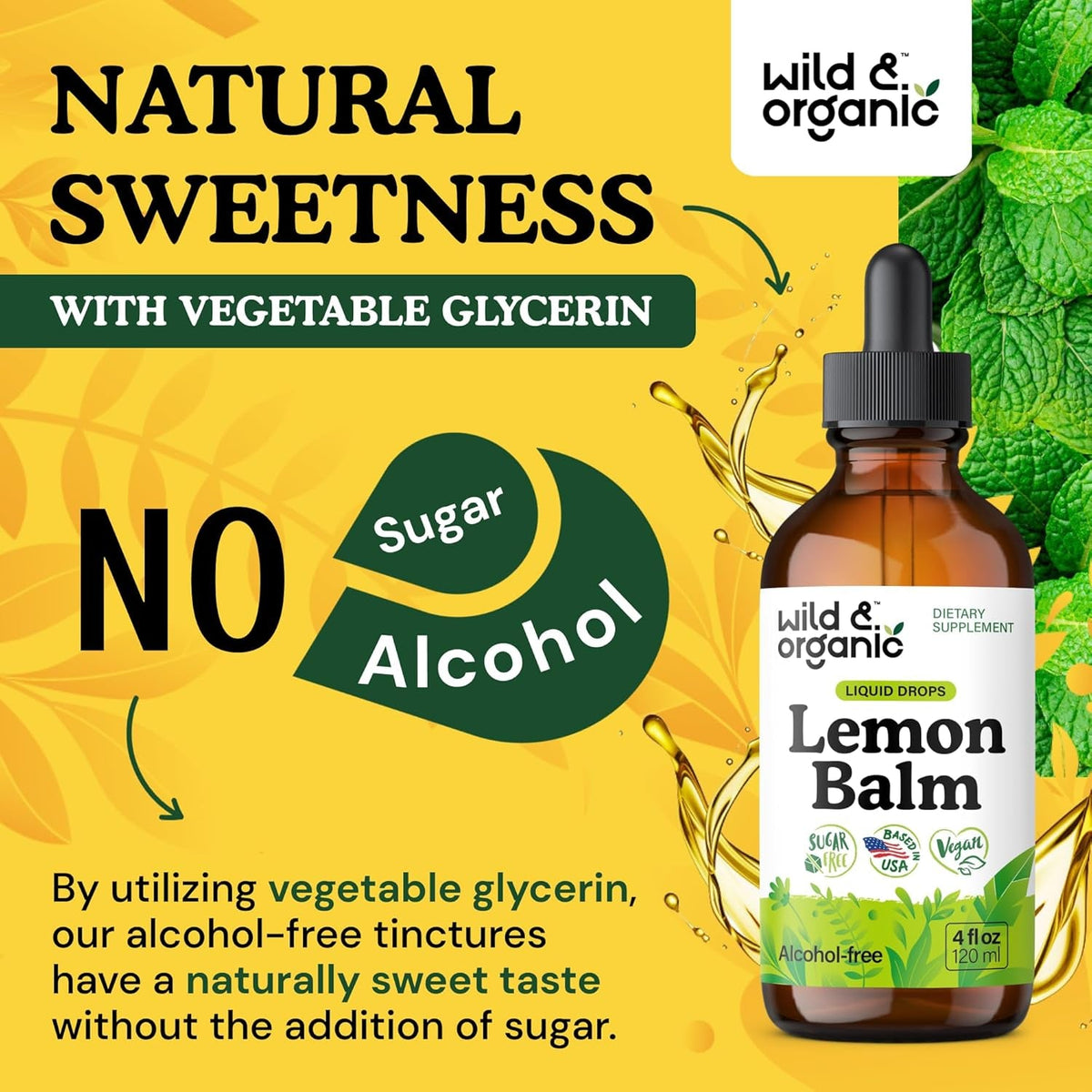 Wild & Organic Lemon Balm Tincture - Good Mood Support - Melissa Lemon Balm Extract Drops - Add to Tea for Relaxation - Vegan, Sugar & Alcohol-Free Leaf Supplement - 4 Fl Oz